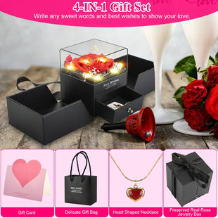 Preserved Red Real Rose with Heart Necklace Eternal Flowers Rose with Golden Necklace Gifts for Women Mom Wife Girlfriend Grandma on Valentine Mother Day Christmas Anniversary
