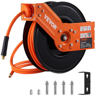 VEVOR Retractable Air Hose Reel, 3/8 IN x 50 FT Hybrid Air Hose Max 300PSI, Air Compressor Hose Reel with 5 In Lead in, Ceiling / Wall Mount Heavy Duty Double Arm Steel Reel