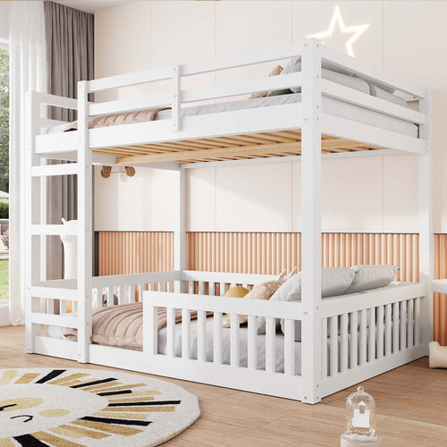 Full over Full Wood Bunk Bed with Ladder and Guardrails, White (Expected Arrival Time: 7.3)