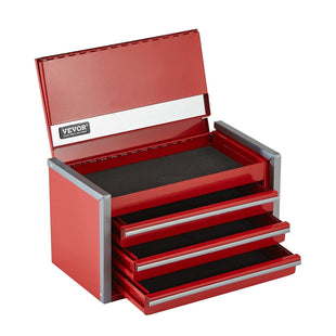 VEVOR Metal Tool Box, 8.6-inch, Portable Metal Tool Box with 3 Drawers, Small Tool Chest with EVA Liners and PP Feet Pads, Heavy-Duty Steel With Ball Bearing Opening and Powder Coated Finish, Red