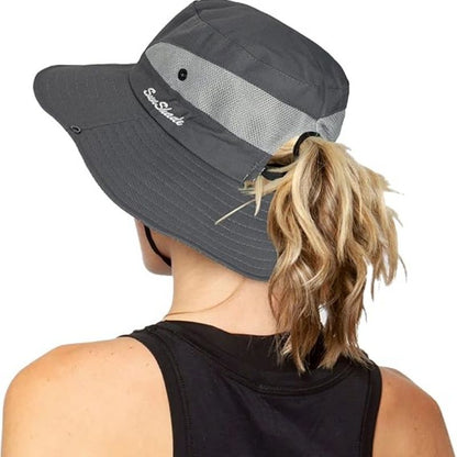 Women's Outdoor UV-Protection-Foldable Sun-Hats Mesh Wide-Brim Beach Fishing Hat with Ponytail-Hole