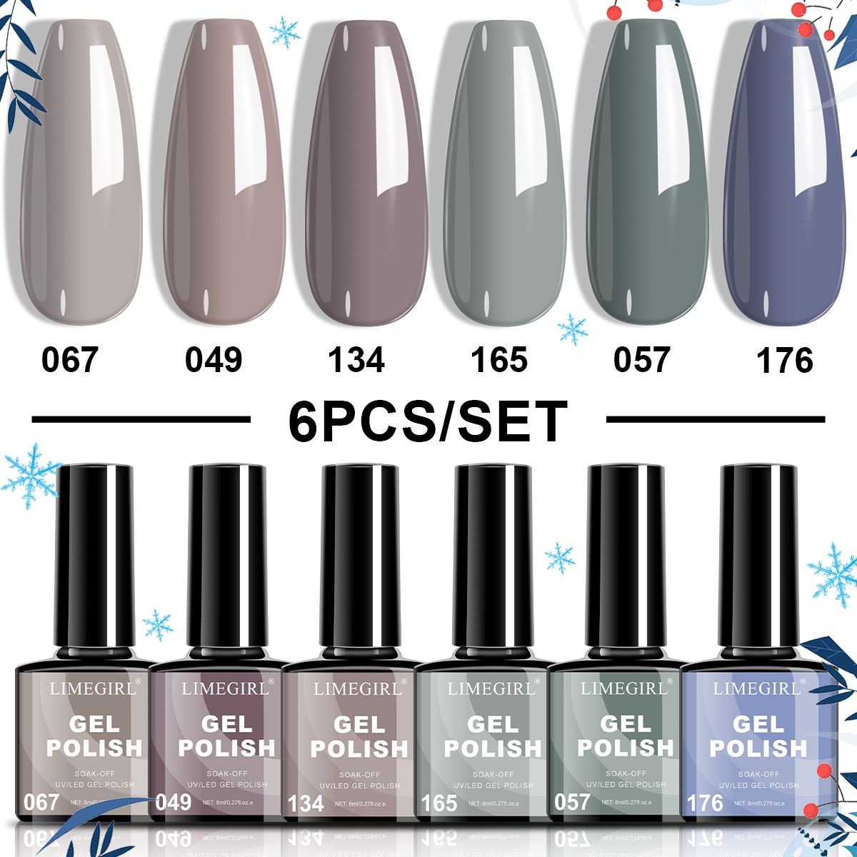 LIMEGIRL 6pcs Gel Polish Set 6 Vibrant Colors UV Gel NailPolish Red Blue Green Hema TMPTA TPO 3-free AllSeasons NailGel for Christmas Gift Women Girls