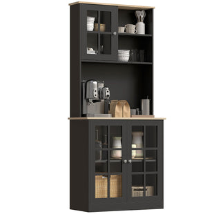 Kitchen Pantry Storage Cabinet, 72" Freestanding Cabinet with Hutch, Large Countertop, Glass Doors and Adjustable Shelves for Dining Room, Black