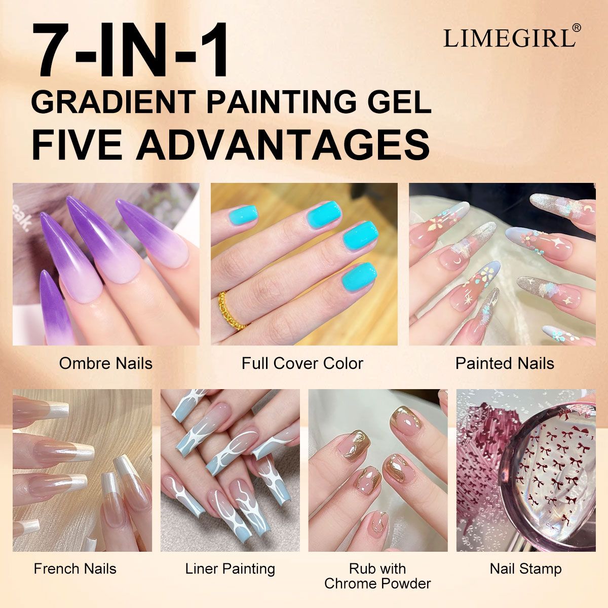 Limegirl Gradient Painting Gel, 9 Bright Colors Ombre GelNail Polish for Pigment Pat Nails Nails French ManicureSoak Off UV Set