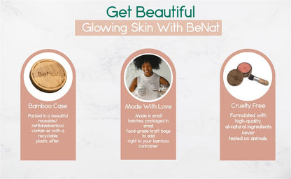 BeNat Natural Blush Loose Powder Set with Reusable Bamboo Jar, Eco-Friendly Kraft Refill Bag and Kabuki Brush - Vegan Makeup for All Skin Types