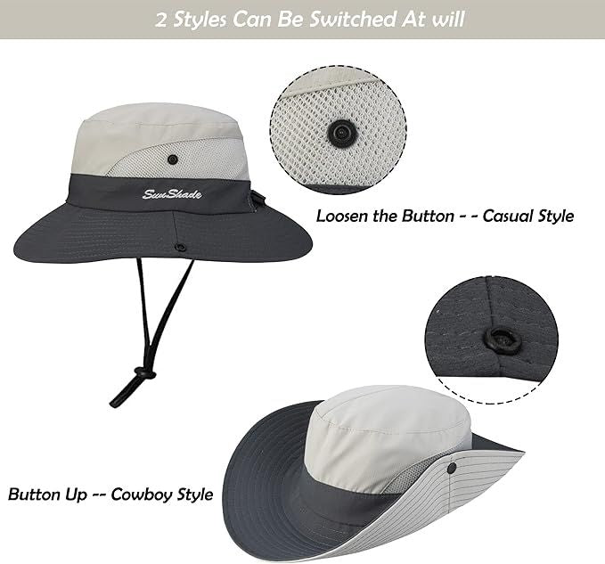 Women's Outdoor UV-Protection-Foldable Sun-Hats Mesh Wide-Brim Beach Fishing Hat with Ponytail-Hole