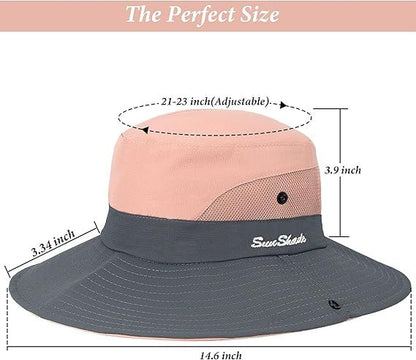 Women's Outdoor UV-Protection-Foldable Sun-Hats Mesh Wide-Brim Beach Fishing Hat with Ponytail-Hole