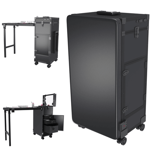 Portable Nail Art Table w/ LED Mirror, Bluetooth, Lockable Drawers, Telescopic Pole - Folding Manicure Station for Salons (Black)