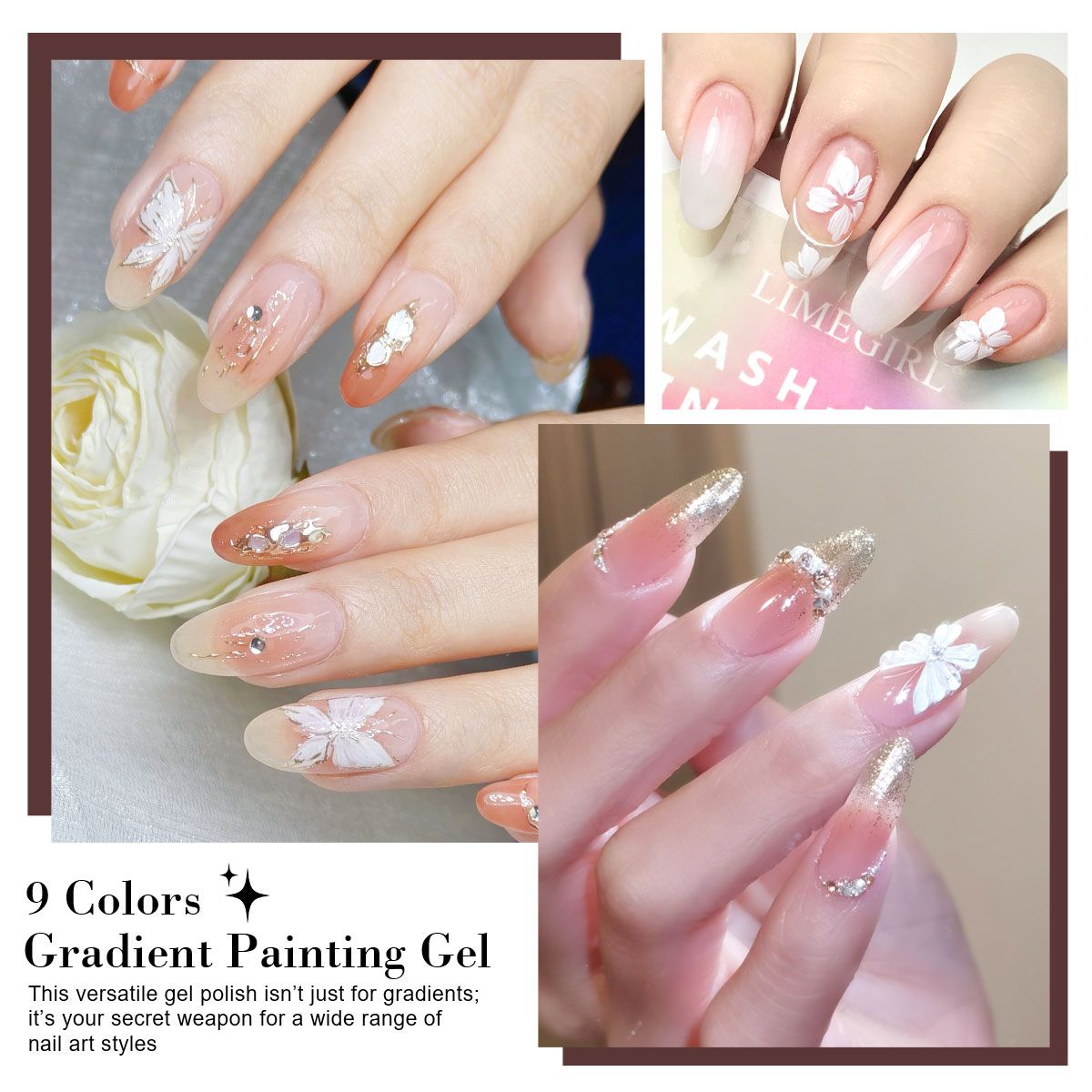 Limegirl Gradient Painting Gel, 9 Bright Colors Ombre GelNail Polish for Pigment Pat Nails Nails French ManicureSoak Off UV Set