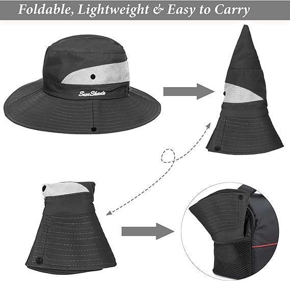 Women's Outdoor UV-Protection-Foldable Sun-Hats Mesh Wide-Brim Beach Fishing Hat with Ponytail-Hole