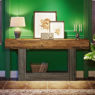 Modern Rustic 63-Inch Console Table Featuring Unique U-Shape Support & Functional 2-Tier Wood Shelf for Home Decoration