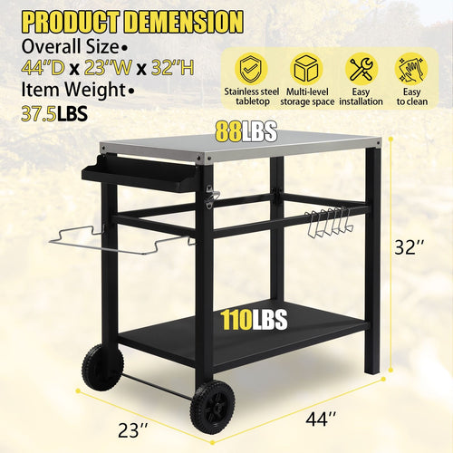Stainless Steel BBQ Grill Cart with Wheels Portable Outdoor Grilling Tabletop Prep Station for Patio Garden Backyard Cooking and Serving
