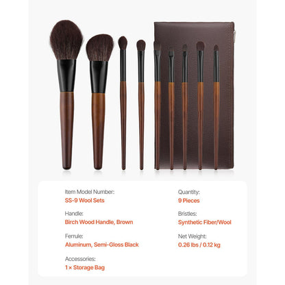 9-Piece Makeup Brush Set for Foundation Blending Eyeshadow, Professional Makeup Brush Kit with Soft Natural Wool & Vegan Synthetic Bristles, Ergonomic Wood Handle, Travel-Friendly Storage Bag