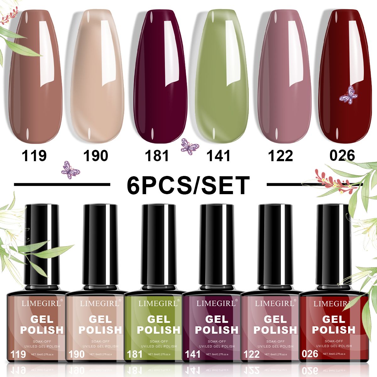 LIMEGIRL 6pcs Gel Polish Set 6 Vibrant Colors UV Gel NailPolish Red Blue Green Hema TMPTA TPO 3-free AllSeasons NailGel for Christmas Gift Women Girls