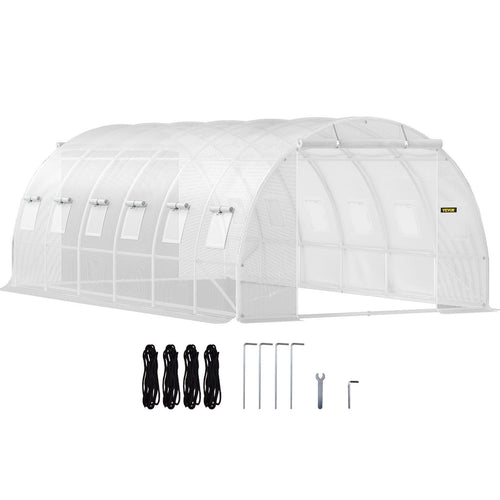 VEVOR 20 x 10 x 7 ft Walk-in Tunnel Greenhouse, Portable Plant Hot House with Galvanized Steel Hoops, 3 Top Beams, Diagonal Poles, 2 Zippered Doors & 12 Roll-up Windows, White