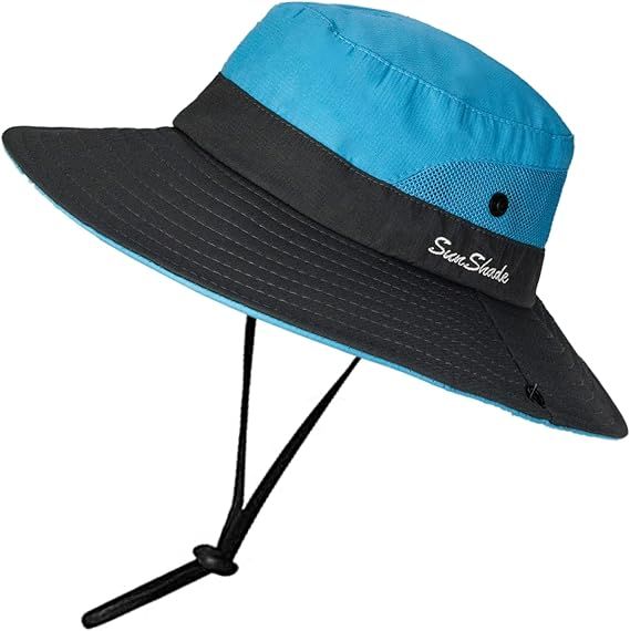Women's Outdoor UV-Protection-Foldable Sun-Hats Mesh Wide-Brim Beach Fishing Hat with Ponytail-Hole