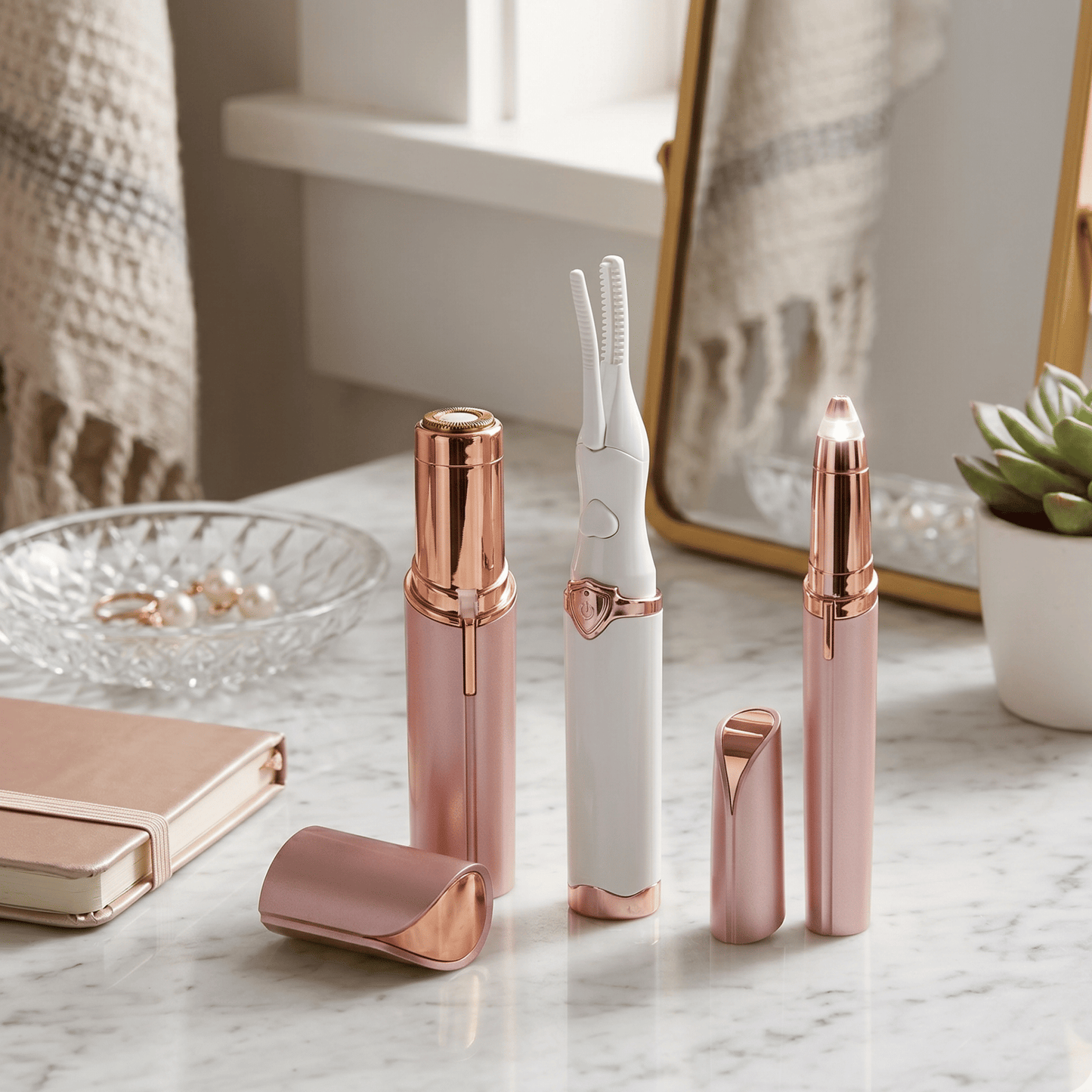 The Effortless Beauty Kit 3-in-1 Painless Facial Hair Remover, Precision Electric Eyebrow Trimmer & Rechargeable Heated Eyelash Curler Grooming Set for Smooth Skin and Long-Lasting Curled Lashes