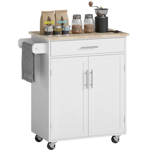 Space-Saving Kitchen Island Trolley with Storage Drawer, Towel Rack & Smooth Rolling Design in Classic White
