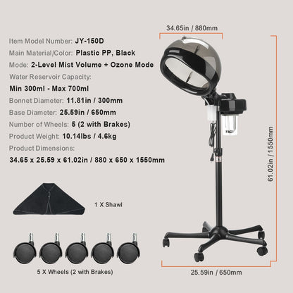 Professional Hair Steamer for Deep Conditioning, 11.81-inch Hooded Ionic Hair Steamer with 2 Modes, Height-Adjustable Standing Hair Steamer with Timer, 5 Wheels (2 Lockable) for Salon Home Spa