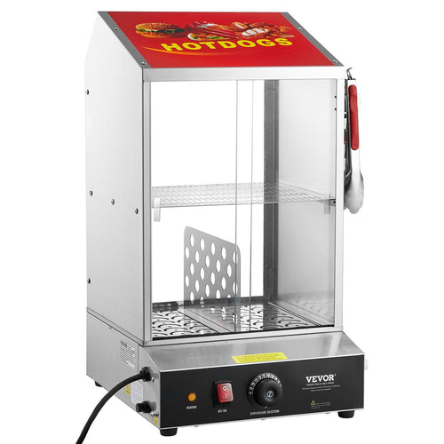 VEVOR Hot Dog Steamer, 39QT, 2-Tier Hot Dog Hut Steamer, 86-185 Fahrenheit Temp Control, Electric Bun Warmer with Tempered Glass Slide Doors Partition Plate Tong, Stainless Steel, for Hot Dogs & Buns