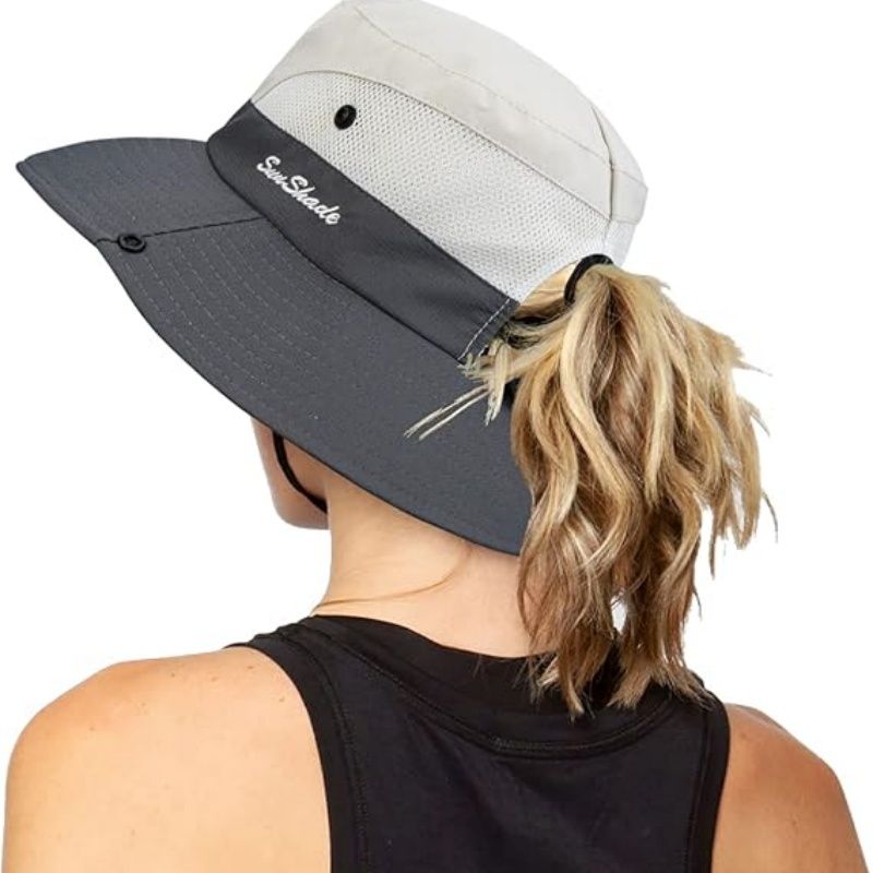 Women's Outdoor UV-Protection-Foldable Sun-Hats Mesh Wide-Brim Beach Fishing Hat with Ponytail-Hole