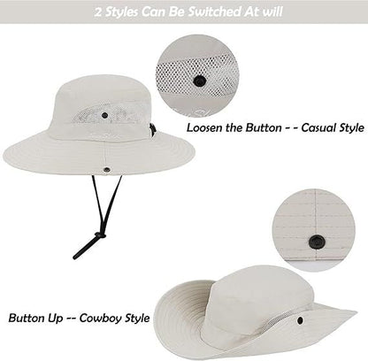 Women's Outdoor UV-Protection-Foldable Sun-Hats Mesh Wide-Brim Beach Fishing Hat with Ponytail-Hole