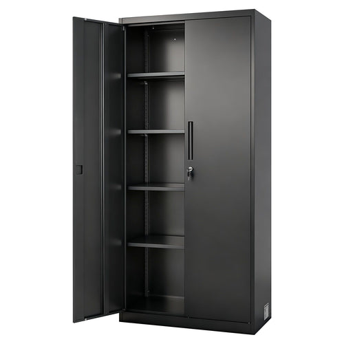 VEVOR Metal Storage Cabinet, 68.9 in Lockable Steel Garage Cabinet with 4 Adjustable Shelves, 2 Magnetic Doors, 2 Keys, 5 Tiers Tool Storage for Pantry, Warehouse, Basement, Laundry, Office, Black