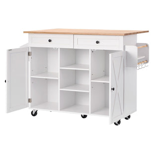VEVOR Kitchen Island Cart, with Solid Wood Top and Storage Cabinet, Mobile Rolling Table with Drop Leaf, Drawers, Spice Towel Rack, Portable Islands on Swivel Wheels for Dining Room, 52in Width, White