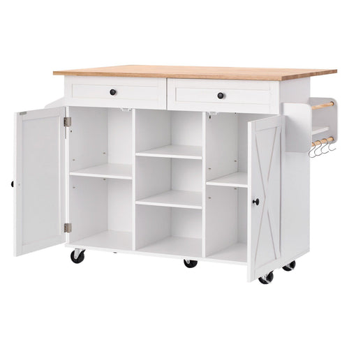VEVOR Kitchen Island Cart, with Solid Wood Top and Storage Cabinet, Mobile Rolling Table with Drop Leaf, Drawers, Spice Towel Rack, Portable Islands on Swivel Wheels for Dining Room, 52in Width, White