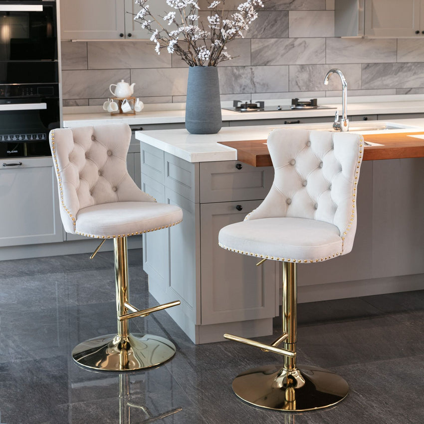 Furniture,Golden Swivel Velvet Barstools Adjusatble Seat Height from 25 - 33 Inch, Modern Upholstered Bar Stools with Backs Comfortable Tufted for Home Pub and Kitchen Island - 7DAY'S