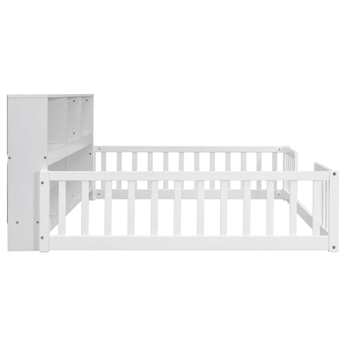 Full Floor Bed with Side Bookcase,Shelves,Guardrails,White