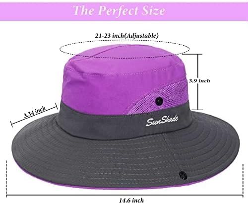Women's Outdoor UV-Protection-Foldable Sun-Hats Mesh Wide-Brim Beach Fishing Hat with Ponytail-Hole