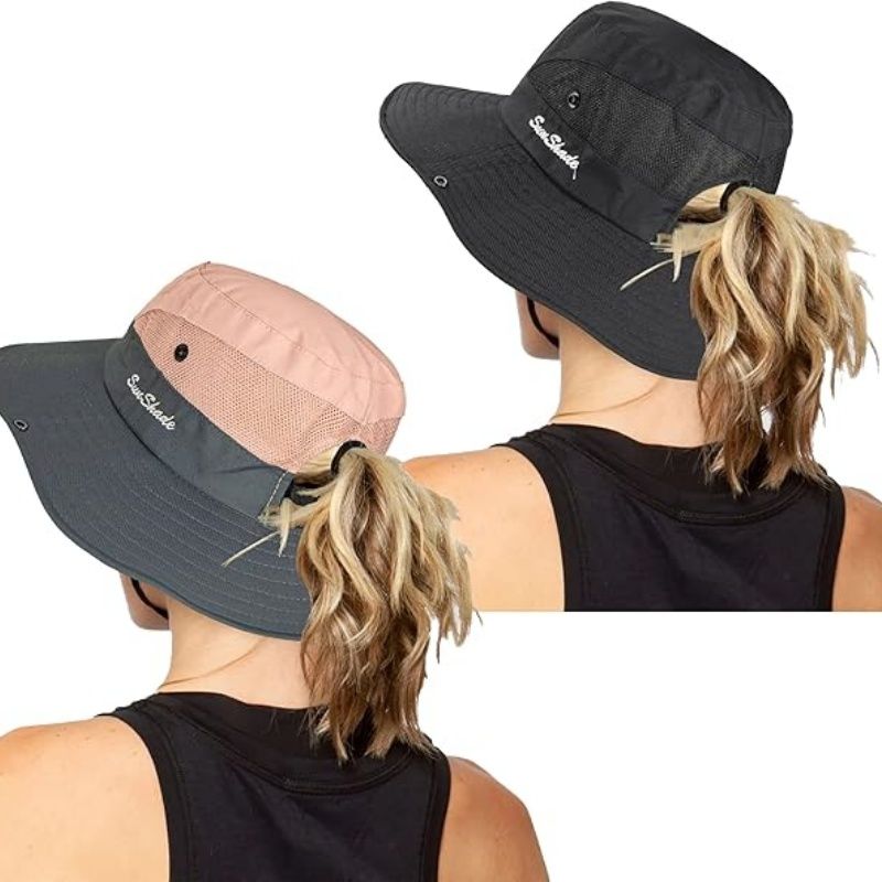 Women's Outdoor UV-Protection-Foldable Sun-Hats Mesh Wide-Brim Beach Fishing Hat with Ponytail-Hole