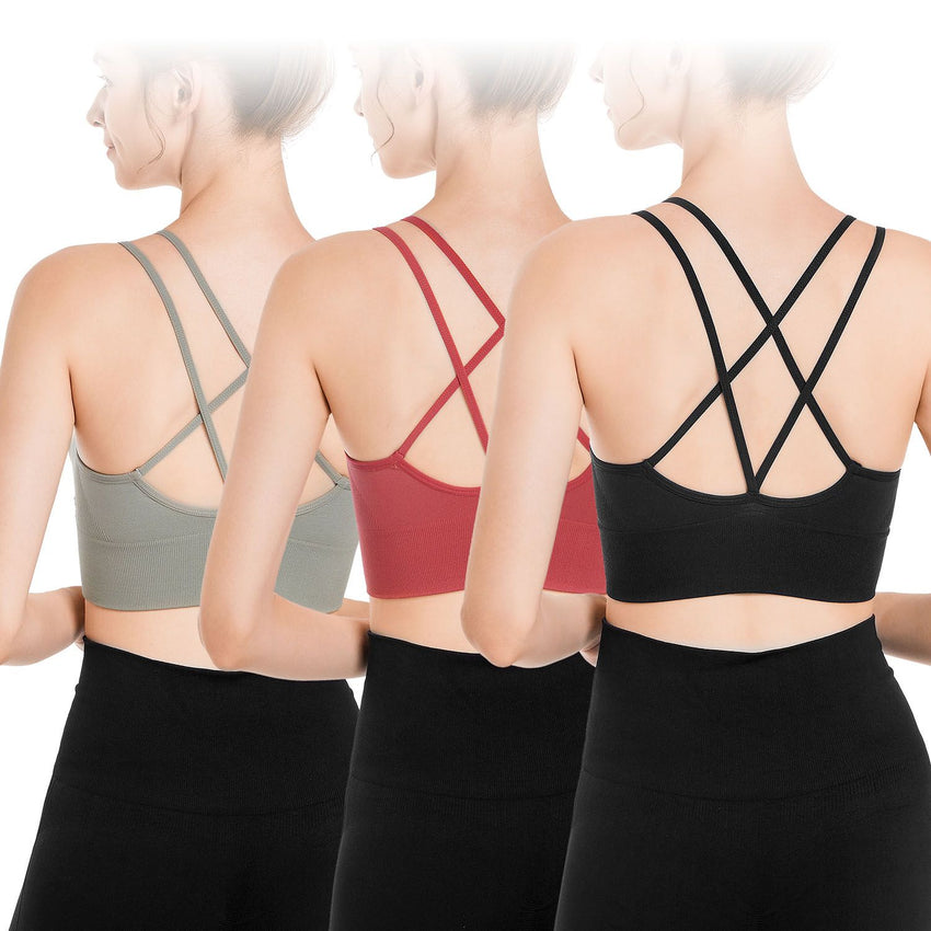 3Packs Women Cross Back Sport Bras Padded Strappy Medium Support Bras