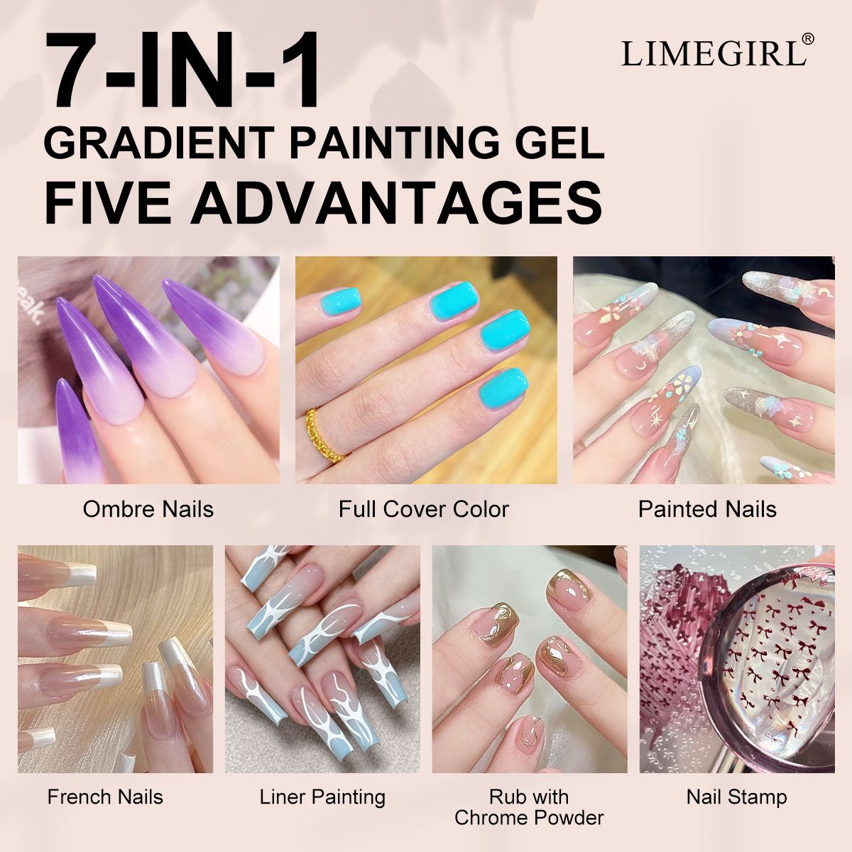Limegirl Gradient Painting Gel, 9 Bright Colors Ombre GelNail Polish for Pigment Pat Nails Nails French ManicureSoak Off UV Set