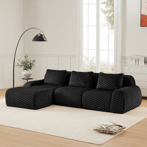 114" Modern L-Shaped Modular Sectional Sofa for Living Room,Flannelette Fabric,Oversized 3-Seater Couch,Deep Seat,Boneless sofa,Movable Ottoman,Buckle connection,Anti-slip Design,No Assembly,Black