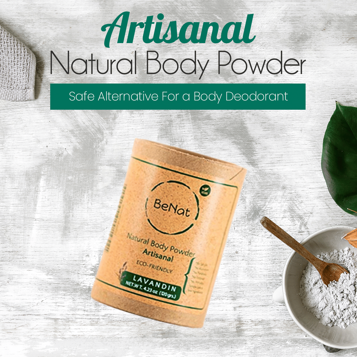 BeNat 100% All-Natural Body Powder - Talc-Free, Unscented, Eco-Friendly, Plastic-Free Packaging - Gentle for Sensitive Skin, Long-Lasting Odor Protection - 5.0 oz