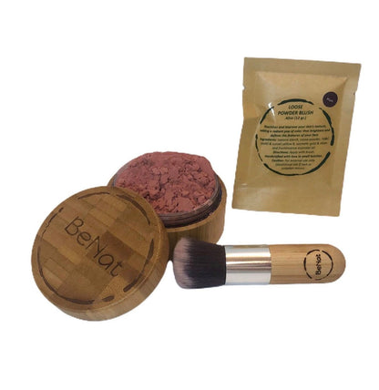 BeNat Natural Blush Loose Powder Set with Reusable Bamboo Jar, Eco-Friendly Kraft Refill Bag and Kabuki Brush - Vegan Makeup for All Skin Types
