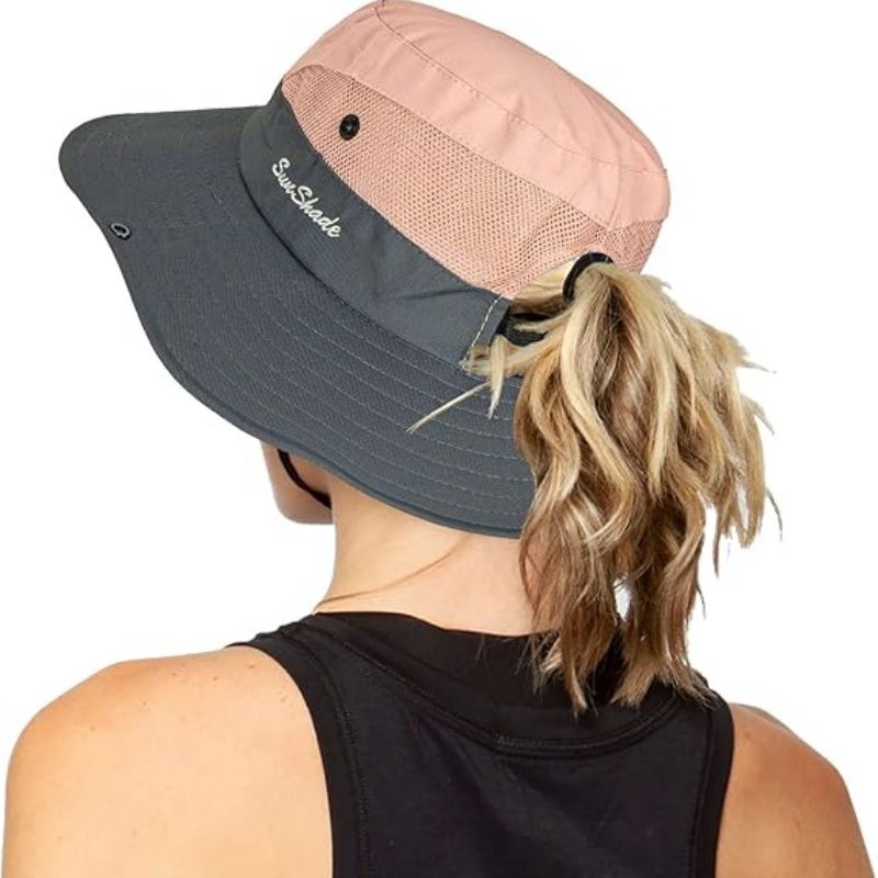 Women's Outdoor UV-Protection-Foldable Sun-Hats Mesh Wide-Brim Beach Fishing Hat with Ponytail-Hole