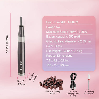 Electric Cordless Nail Drill, 30,000RPM Variable-Speed Rechargeable Nail E File Machine, Portable Manicure Pedicure Polisher with 50PCS Sanding Bands for Dead Skin Removal, Nail Surface Smooth