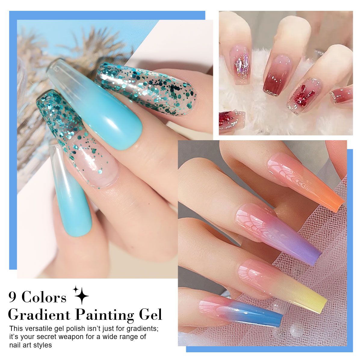 Limegirl Gradient Painting Gel, 9 Bright Colors Ombre GelNail Polish for Pigment Pat Nails Nails French ManicureSoak Off UV Set