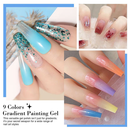 Limegirl Gradient Painting Gel, 9 Bright Colors Ombre GelNail Polish for Pigment Pat Nails Nails French ManicureSoak Off UV Set