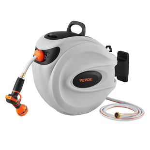 VEVOR Retractable Hose Reel, 65 ft x 5/8 inch, 180° Swivel Bracket Wall-Mounted, Garden Water Hose Reel with 9-Pattern Nozzle, Automatic Rewind, Lock at Any Length, and Slow Return System