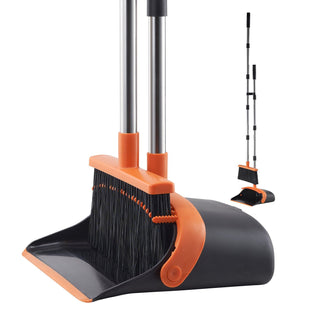 VEVOR Broom and Dustpan Set, Heavy Duty Dustpan and Broom Combo with Self-Cleaning Teeth, Metal Upright Standing Dust Pan with Long Handle, Ideal for Home, Restaurant, Office, Dorm, Black+Orange