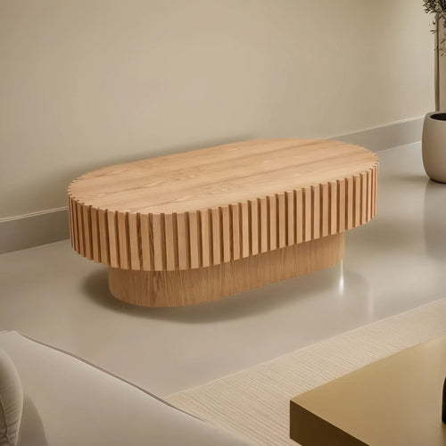 43.70 Inch Modern Handcraft Drum Coffee Table Oval Coffee Table for Living Room,Small Wooden Coffee Table with Sturdy Pedestal for Office