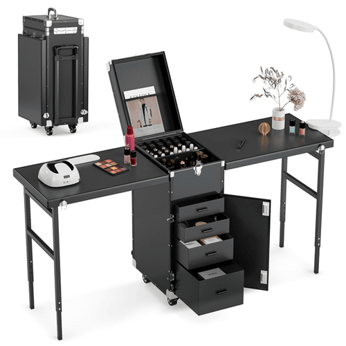 Portable Nail Table Desk, Foldable Rolling Manicure Table with Wheel, Makeup Train Case for Nail Teach, 2 Desktop Cosmetic Trolley Case, Black