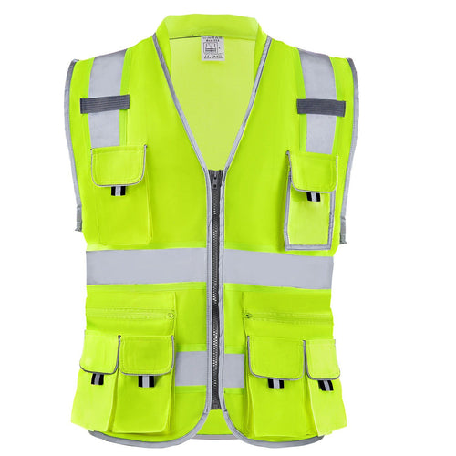 VEVOR Safety Vest, 10 Pockets Yellow Safety Vest, High Visibility Zipper Front Safety Vest with Reflective Strips, Hi Vis Work Construction Vest with Pockets and Walkie-Talkie Clip, for Men & Woman