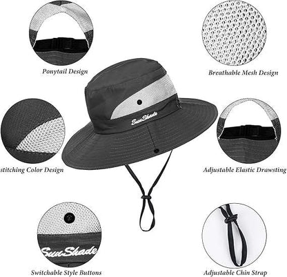Women's Outdoor UV-Protection-Foldable Sun-Hats Mesh Wide-Brim Beach Fishing Hat with Ponytail-Hole