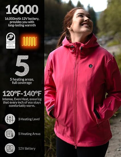 Heated Jacket for Women, ANTARCTICA GEAR Winter Coat with 12V 16000mAh Battery Pack, Soft Shell Heating Hood Jacket - 7DAY'S