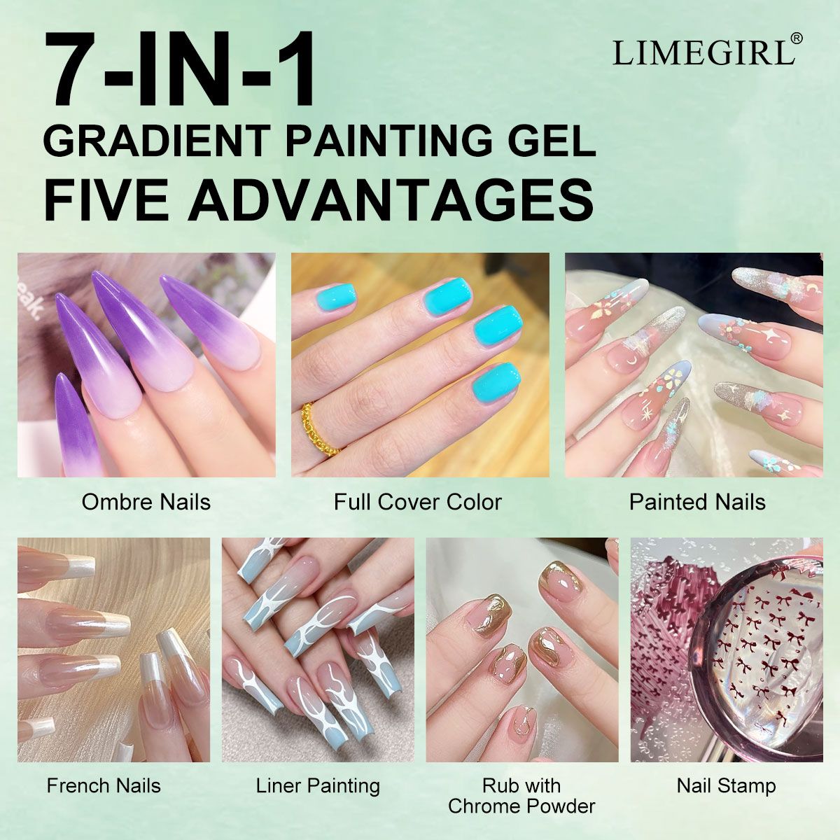 Limegirl Gradient Painting Gel, 9 Bright Colors Ombre GelNail Polish for Pigment Pat Nails Nails French ManicureSoak Off UV Set